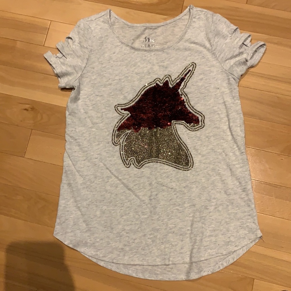 💥2/$30 EUC Justice Girl flip sequins Unicorn short sleeve tee - size 12